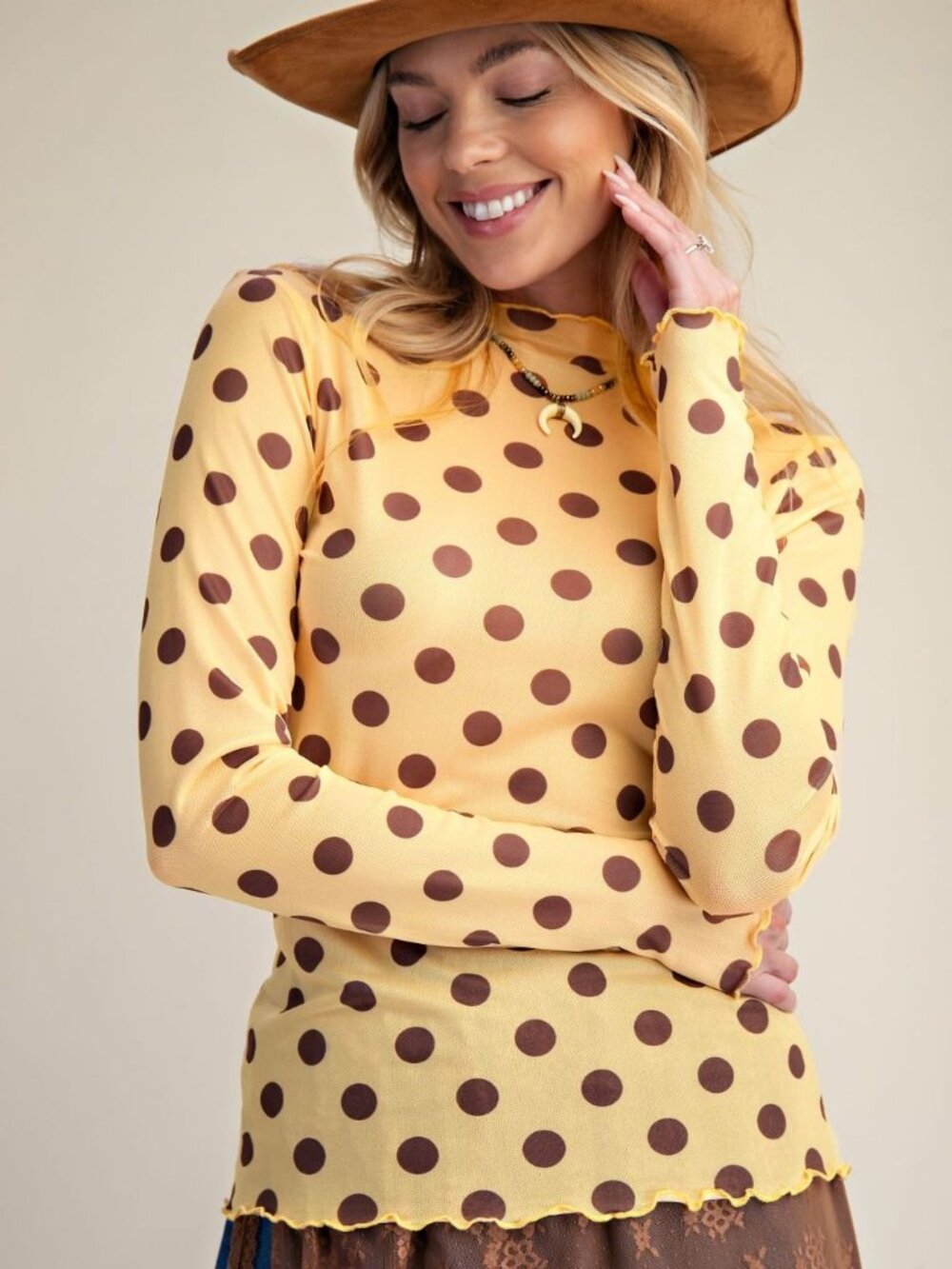 EASEL DOTS PRINTED SHEER LONG SLEEVE MESH TOP 95% POLY 5% SPANDEX